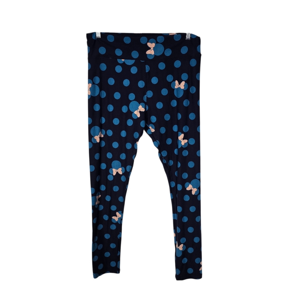 LuLaRoe Tall and Curvy Disney Minnie Leggings with Blue Polka Dots and Pink Bows
